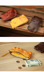 Vintage Slim Brown Leather Mens Coin Wallet Zipper Coin Holder Change Pouch For Men - imessengerbags