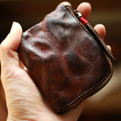 Vintage Slim Red Leather Mens Coin Wallet Zipper Coin Holder Change Pouch For Men