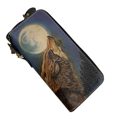 Handmade Cool Tooled Wolf Leather Men's Biker Chain Wallet Zipper Long Chain Wallet For Men - imessengerbags