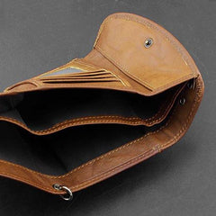 BADASS BROWN SKULL LEATHER MENS TRIFOLD SMALL BIKER WALLETS CHAIN WALLET WALLET WITH CHAIN FOR MEN - imessengerbags