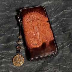 Badass Black Leather Men's Long Biker Handmade Wallet Ganesha Tooled Zipper Chain Long Wallets For Men