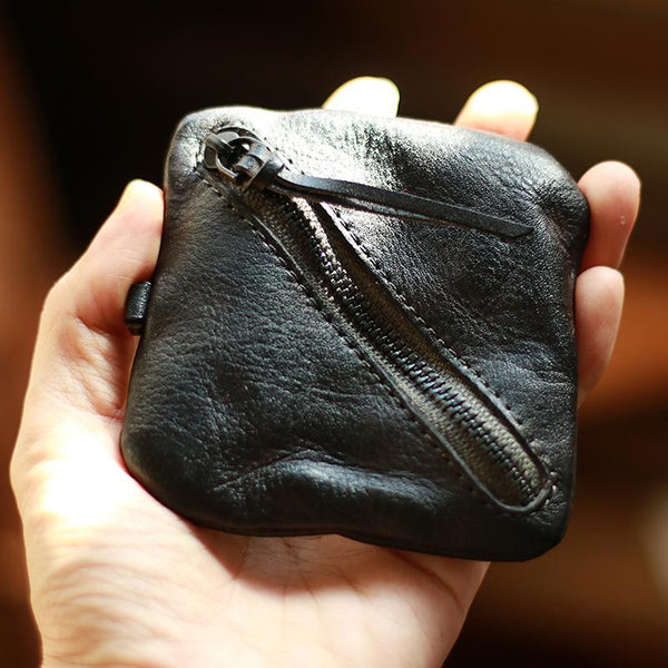 Vintage Slim Black Leather Mens Coin Wallet Zipper Coin Holder Change Pouch For Men