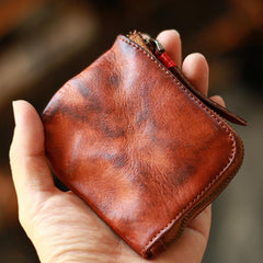 Vintage Slim Brown Leather Mens Coin Wallet Zipper Coin Holder Change Pouch For Men - imessengerbags