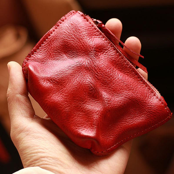 Vintage Slim Red Leather Mens Coin Wallet Zipper Coin Holder Change Pouch For Men