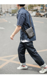 Cool Black Leather Mens Small Vertical Courier Bag Brown Messenger Bags Blue Postman Bag For Men - imessengerbags