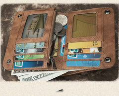 Brown Vintage Bifold Wallet Leather Mens Blue billfold Small Wallet Zipper Small Wallet For Men - imessengerbags