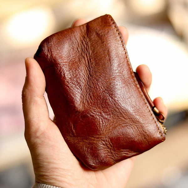 Vintage Slim Brown Leather Mens Coin Wallet Zipper Coin Holder Brown Change Pouch For Men