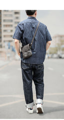 Cool Black Leather Mens Small Vertical Courier Bag Brown Messenger Bags Blue Postman Bag For Men - imessengerbags