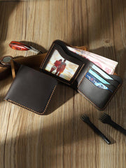 Handmade Slim Black Leather Mens Billfold Wallets Personalize Bifold Small Wallets for Men