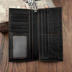 Badass Black Leather Men's Punk Long Biker Chain Wallet Skull Bifold Chain Long Wallet For Men