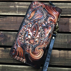 Black Handmade Chinese Dragon Tooled Leather Long Biker Wallet Chain Wallet Clutch Wallet For Men