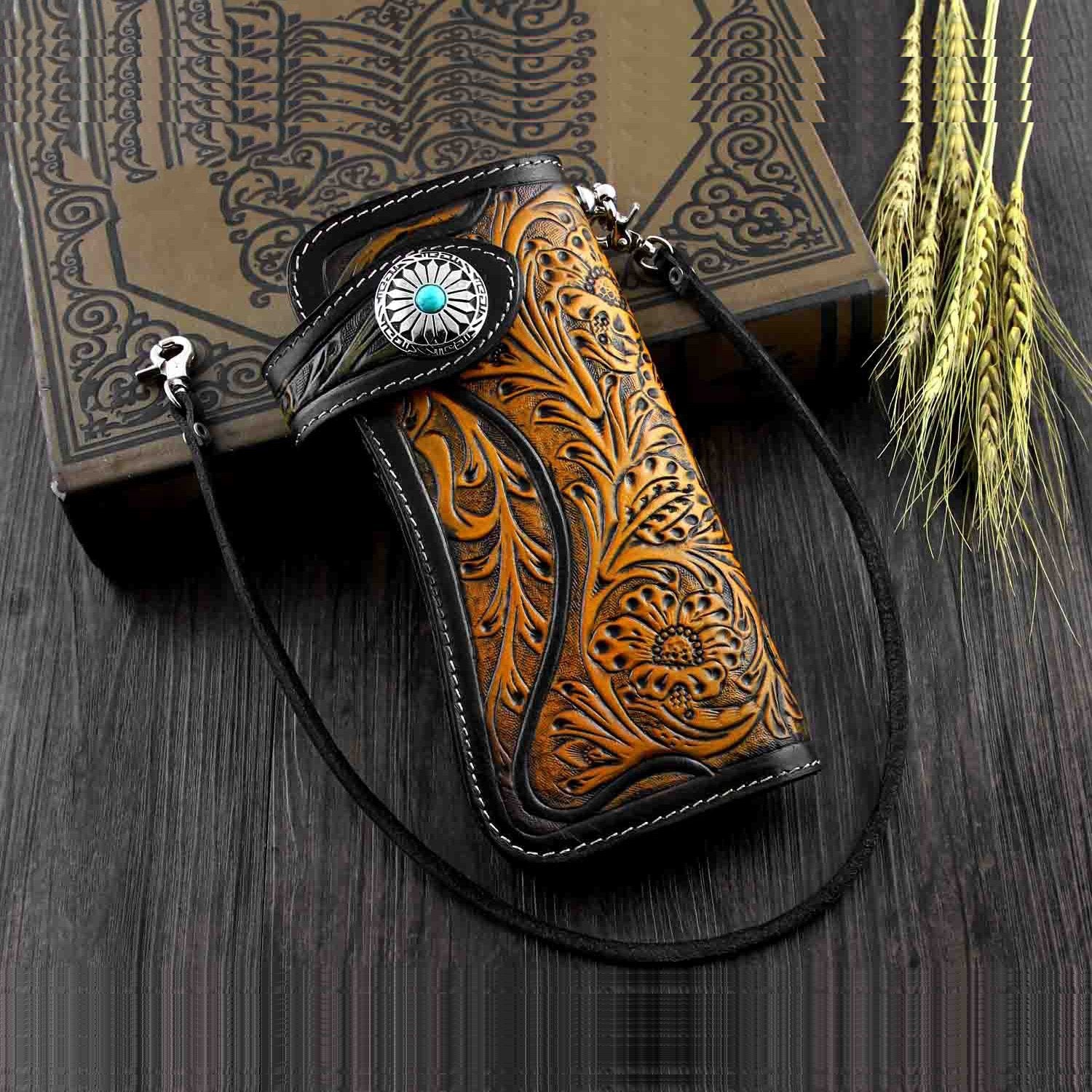 Handmade Tooled Black Leather Mens Biker Chain Wallet Long Biker Wallet with Chain for Men - imessengerbags