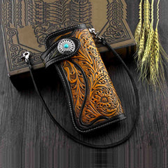 Handmade Tooled Black Leather Mens Biker Chain Wallet Long Biker Wallet with Chain for Men - imessengerbags