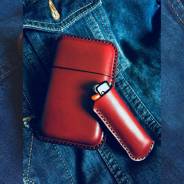 Red Leather Mens Cigarette Holder Case Vintage Custom Cigarette Case for Men