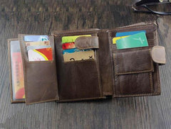 Brown Leather Men's Trifold Small Biker Wallet Chain Wallets Badass Wallet with chain For Men - imessengerbags