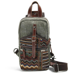 Cool Canvas Leather Mens Embroidered Sling Bag Chest Bag Gray One Shoulder Backpack for Men - imessengerbags