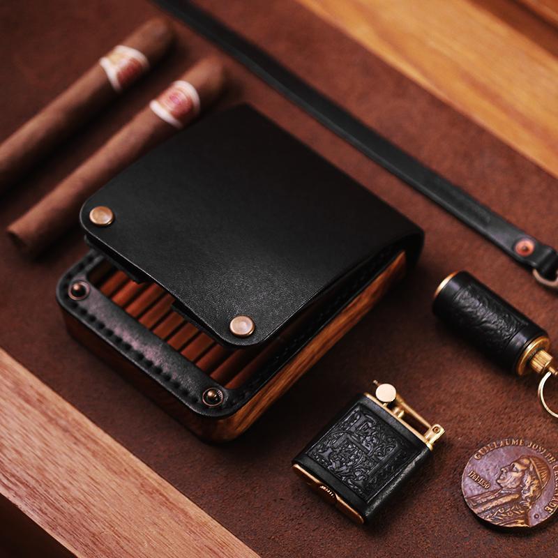 Cool Wooden Leather Mens Cigarette Case Black Custom Cigarette Holder for  Men