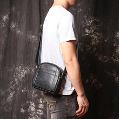 Men's Black Leather Small Messenger Bag Small Side Bag Black Courier Bag For Men