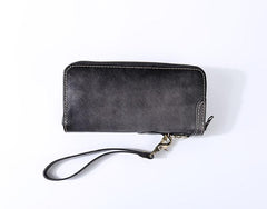 Handmade Black Leather Mens Long Leather Green Wallet Zipper Yellow Clutch Wallet for Men