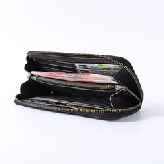 Handmade Black Leather Mens Long Leather Green Wallet Zipper Yellow Clutch Wallet for Men
