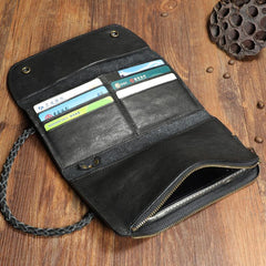 Cool Leather Mens Black Long Chain Wallet Brown Long Trifold Biker Wallet for Men - imessengerbags