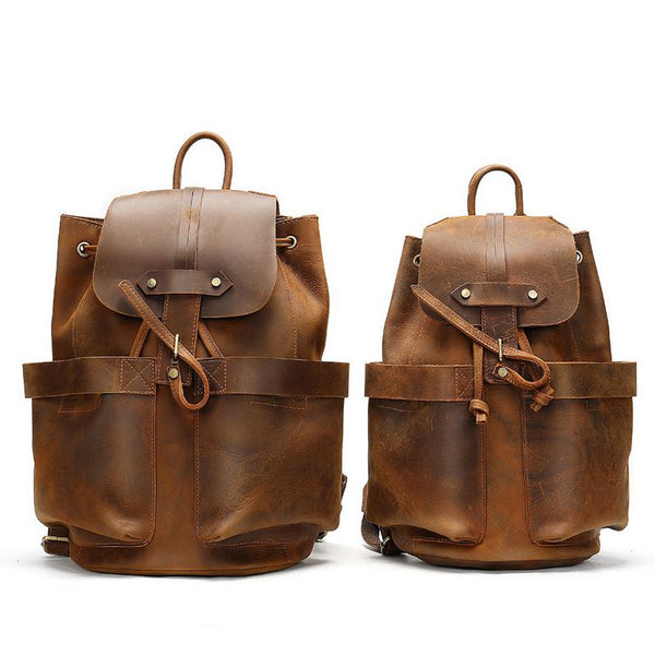 Vintage Leather Men's Barrel Backpack Travel Backpack Brown College Backpack For Men - imessengerbags