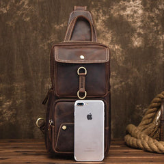 Cool Brown Leather Men's Sling Bag Chest Bag Brown One Shoulder Backpack For Men