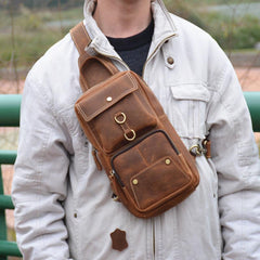 Cool Brown Leather Men's Sling Bag Chest Bag Brown One Shoulder Backpack For Men