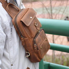 Cool Brown Leather Men's Sling Bag Chest Bag Brown One Shoulder Backpack For Men - imessengerbags