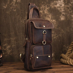 Cool Brown Leather Men's Sling Bag Chest Bag Brown One Shoulder Backpack For Men - imessengerbags
