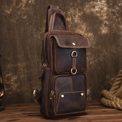 Cool Brown Leather Men's Sling Bag Chest Bag Brown One Shoulder Backpack For Men