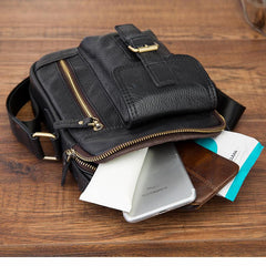 Vintage Black Leather Men's Small Vertical Side Bag Brown Shoulder Bag Handbag For Men - imessengerbags