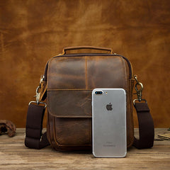Vintage Brown Leather Mens Small Vertical Side Bags Shoulder Bags Messenger Bag For Men - imessengerbags