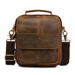 Vintage Brown Leather Mens Small Vertical Side Bags Shoulder Bags Messenger Bag For Men - imessengerbags