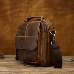 Vintage Brown Leather Mens Small Vertical Side Bags Shoulder Bags Messenger Bag For Men - imessengerbags