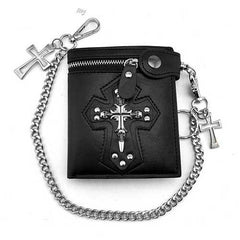 Punk Black Leather Men's Small Biker Wallet Chain Wallet Skull Cross billfold Wallet with Chain For Men - imessengerbags