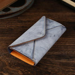 Handmade Leather Mens Gray Envelope Long Wallet Blue Long Wallet Clutch Bag For Men - imessengerbags