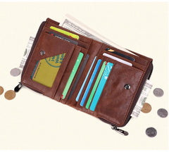 RFID Cool Brown Leather Men's Bifold Small Wallet Zipper billfold Wallet For Men - imessengerbags