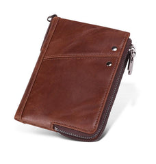RFID Cool Brown Leather Men's Bifold Small Wallet Zipper billfold Wallet For Men - imessengerbags