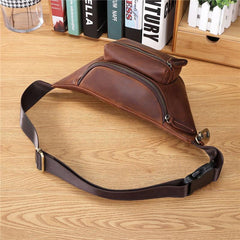 Brown MENS LEATHER FANNY PACK BUMBAG Hip Pack Brown Leather WAIST BAGS for Men