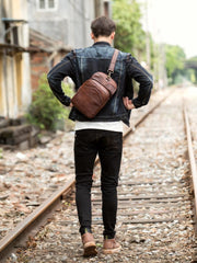 Casual Brown Leather Mens Sling Pack Sling Bags Chest Bags Brown One Shoulder Backpack for Men - imessengerbags