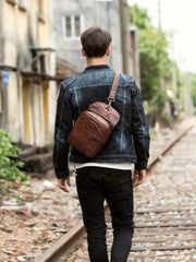 Casual Brown Leather Mens Sling Pack Sling Bags Chest Bags Brown One Shoulder Backpack for Men - imessengerbags