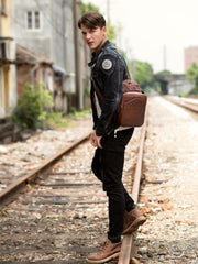 Casual Brown Leather Mens Sling Pack Sling Bags Chest Bags Brown One Shoulder Backpack for Men - imessengerbags