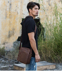 Cool Brown Leather Mens Vertical Side Bag Postman Bag Small Messenger Bags Courier Bag for Men - imessengerbags