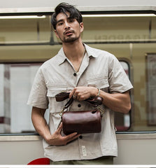 Red Brown Cool Leather Mens 8 inches Barrel Side Bag Bucket Messenger Bags Courier Bag for Men
