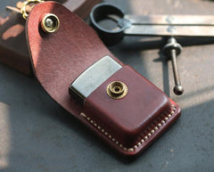 Red Brown Handmade Leather Mens Zippo Lighter Case With Belt Loop Cool Standard Zippo Lighter Holders For Men - imessengerbags