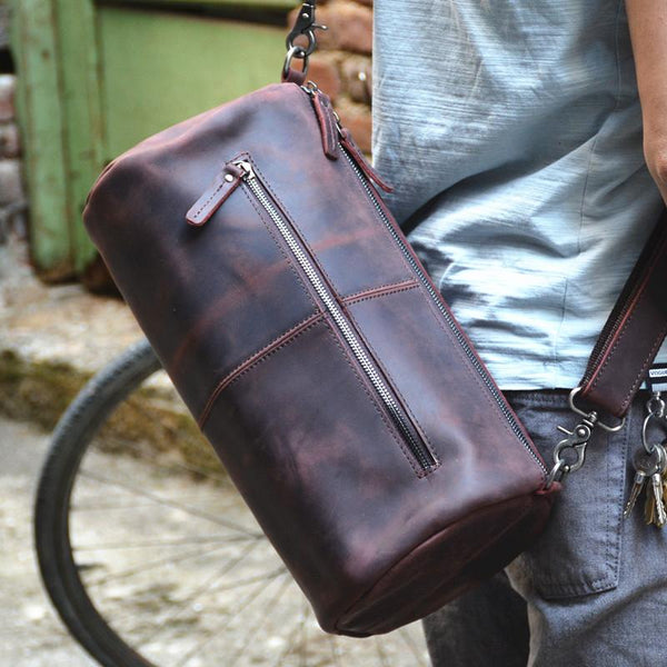 Red Brown Leather Mens Casual Barrel Postman Bag Side Bag Bucket Messenger Bag For Men - imessengerbags