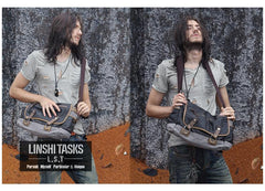 Fashion Black Canvas Leather Mens Casual Side Bag Gray Messenger Bags Casual Courier Bags for Men