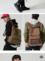 Fashion Canvas Leather Mens Large Army Green Backpack School Backpack Canvas Travel Backpack For Men