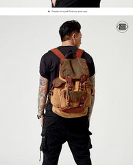 Khaki Canvas Leather Mens Large Backpack School Backpack Canvas Travel Backpack For Men